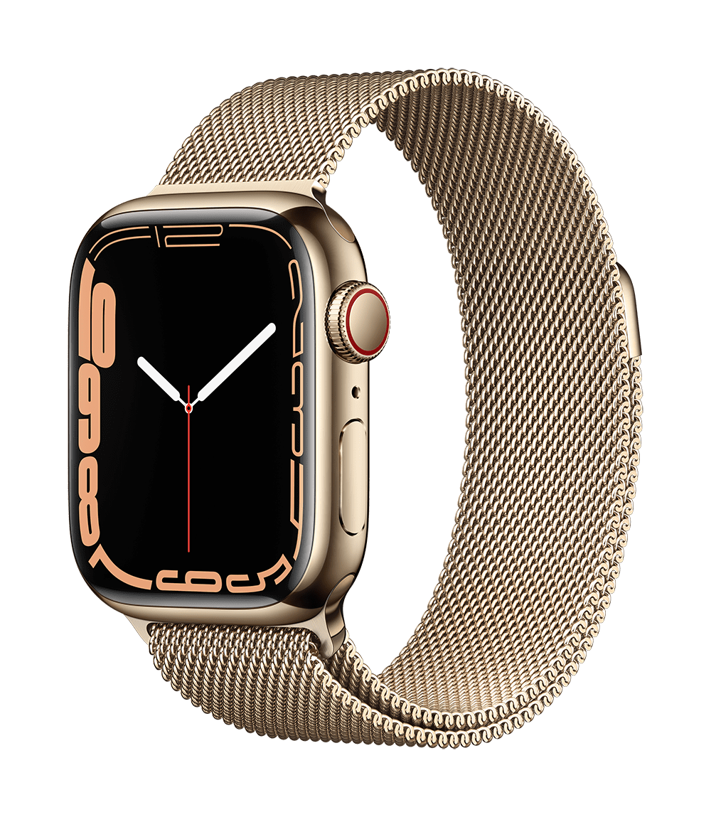 Apple_Watch_Series_7_Cellular_41mm_Gold_Stainless_Steel_Gold_Milanese_Loop_34FR_Screen__USEN Apple Watch Series 7