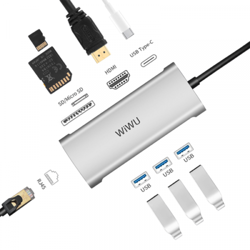 WIWU Alpha USB-C 8in1 Hub 1HDMI+1LAN+3USB+1Type-C+1SD+1microSD - 1