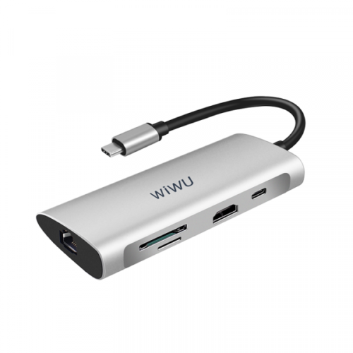WIWU Alpha USB-C 8in1 Hub 1HDMI+1LAN+3USB+1Type-C+1SD+1microSD - Gray