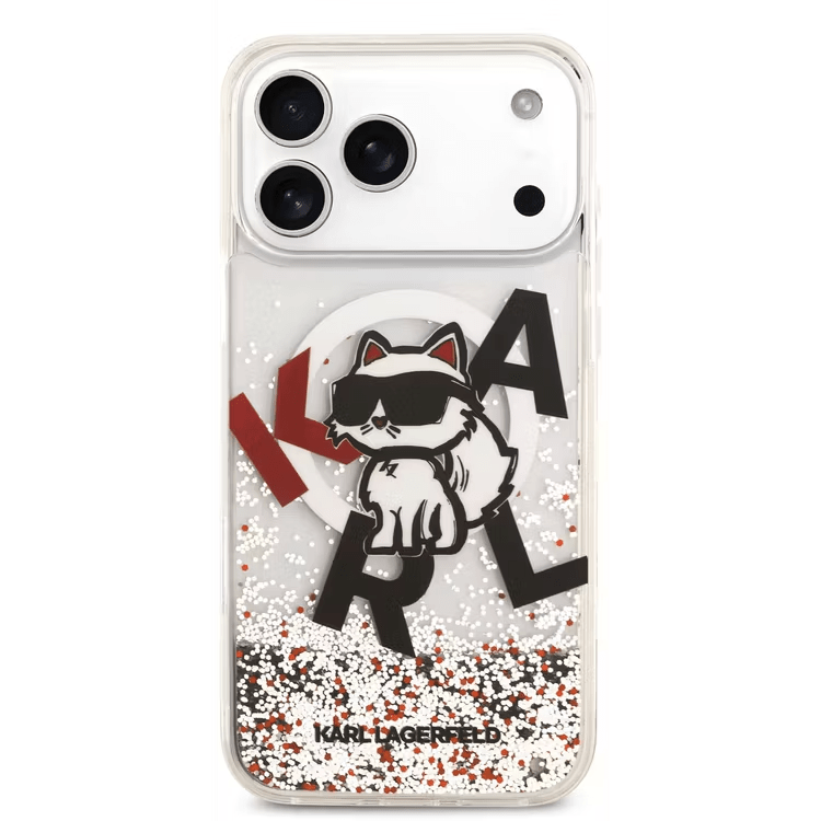 Karl Lagerfeld MagSafe Liquid Glitter Case with Scattered Choupette Logo for iPhone 17 Pro Max